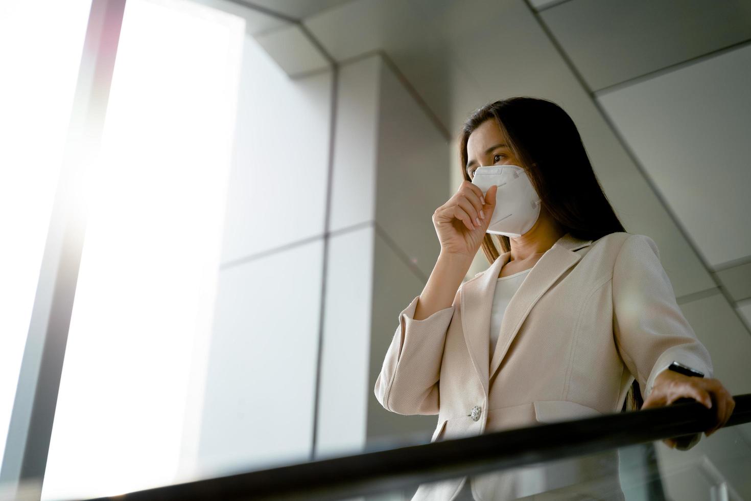 Woman wearing N95 face mask to protect PM2.5 and Covid19 virus photo