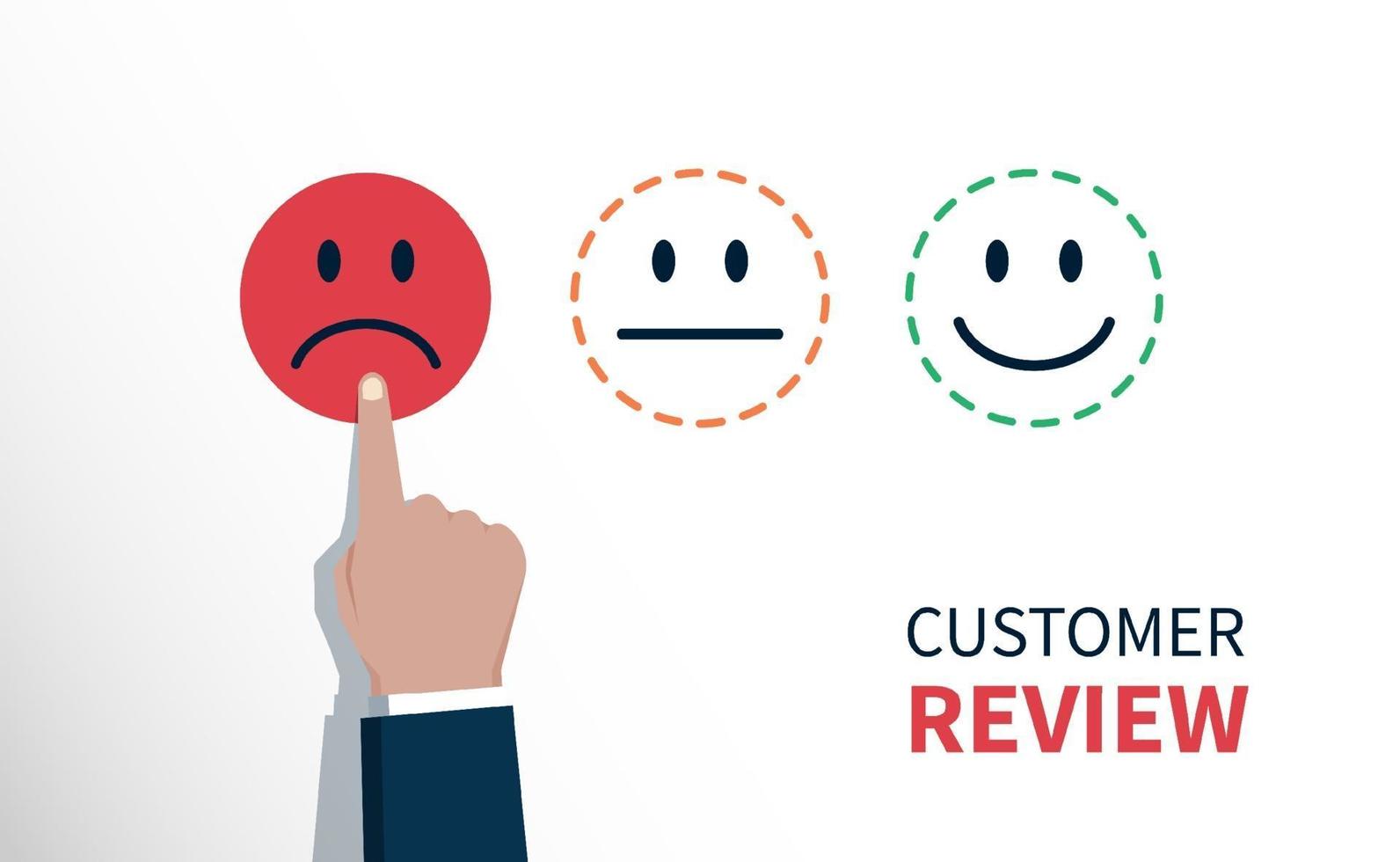 Negative review or feedback, hand of client chose sad face icon vector