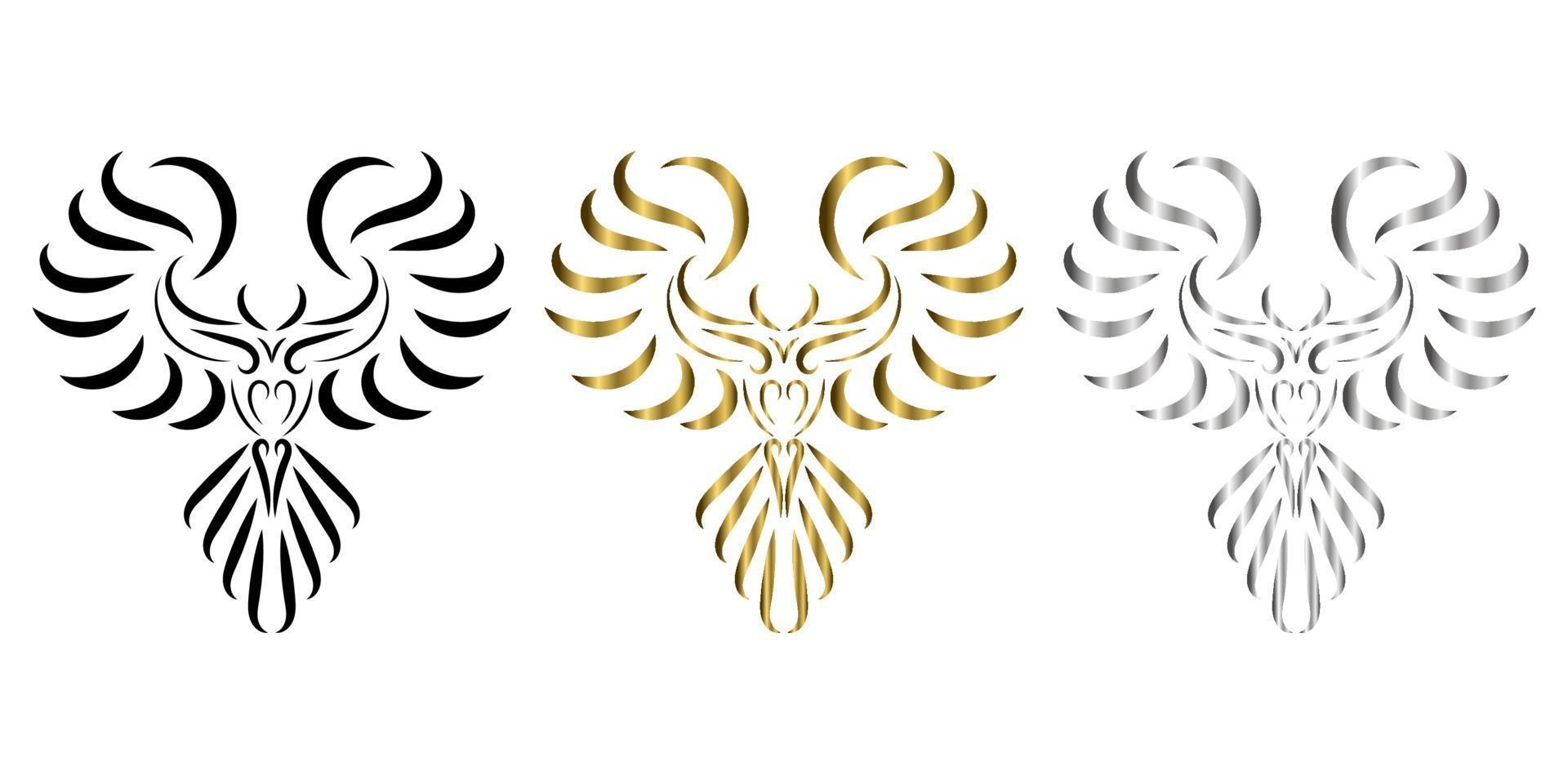 three color black gold silver line art of phoenix bird vector