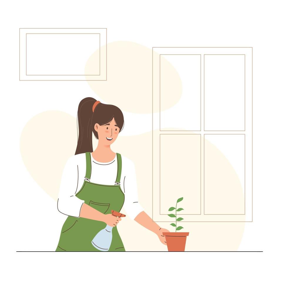 Illustration of woman watering plants in her garden vector