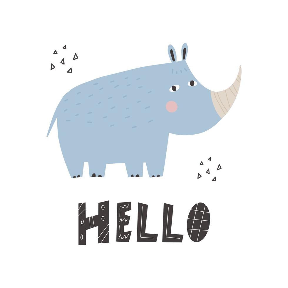 lindo rinoceronte animal africano con letras - hola vector