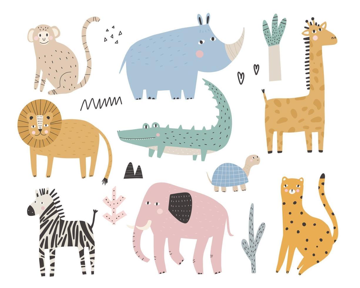 lindos animales africanos y plantas de colores conjunto simple para niños vector