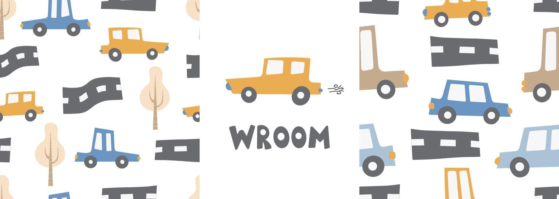 Children's patterns set with cars. Cars Transport Road Digital print vector