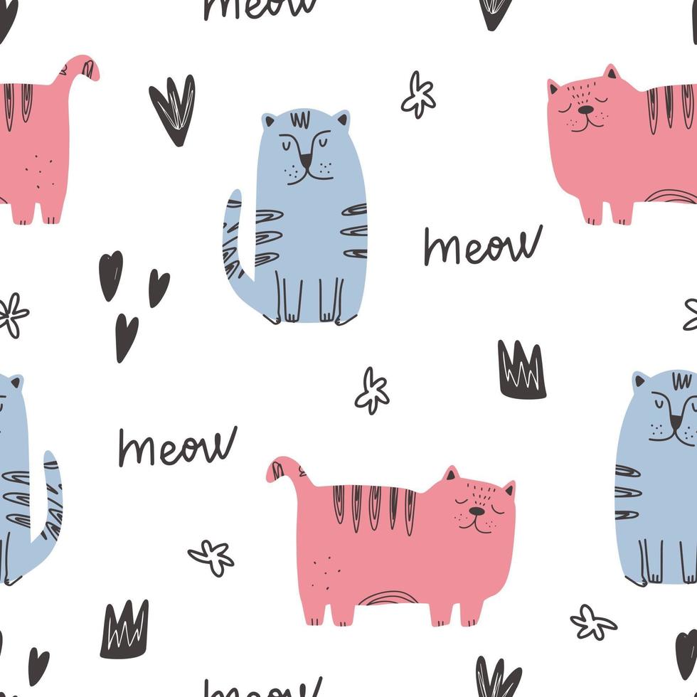 Cute cat pattern - hand drawn childish kitten seamless pattern design vector