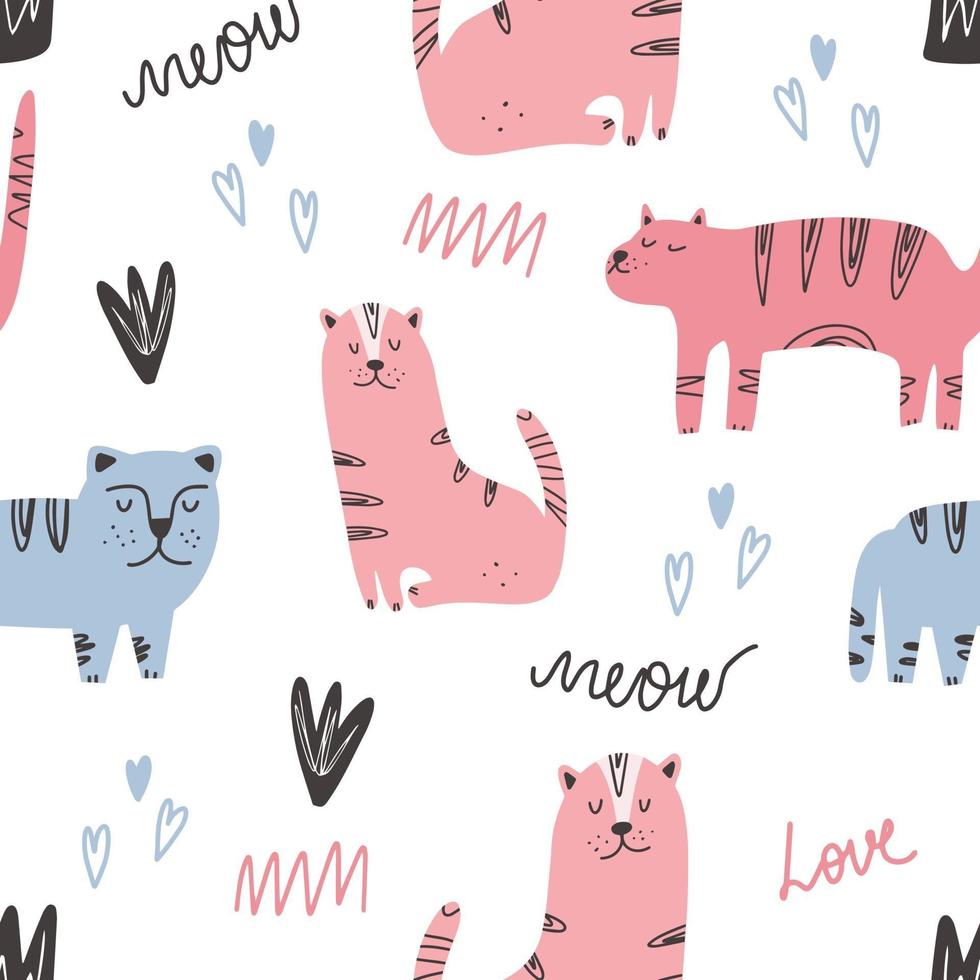 Cute cat pattern - hand drawn childish kitten seamless pattern design vector