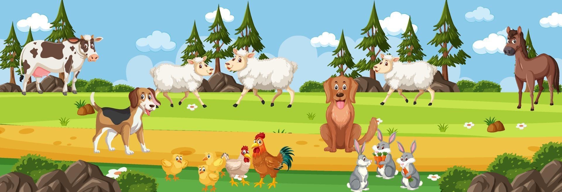 Panorama landscape scene with various farm animals vector