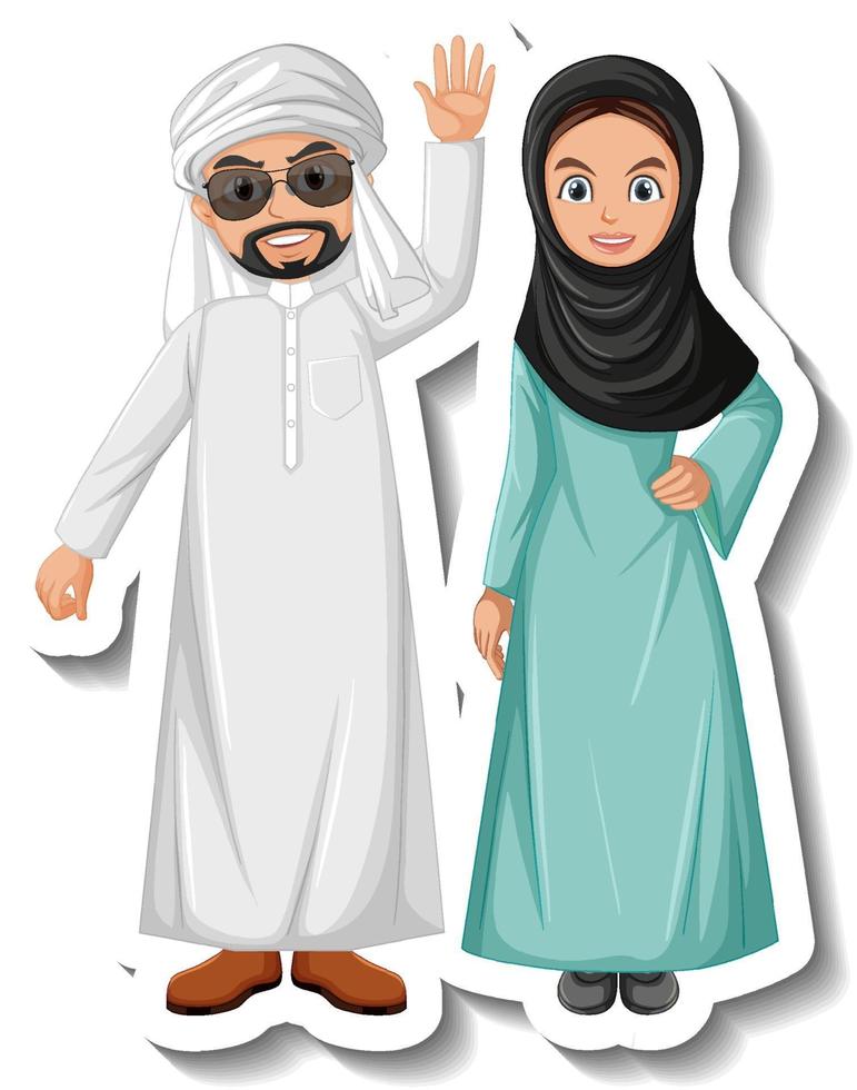 Arab couple cartoon character sticker on white background vector