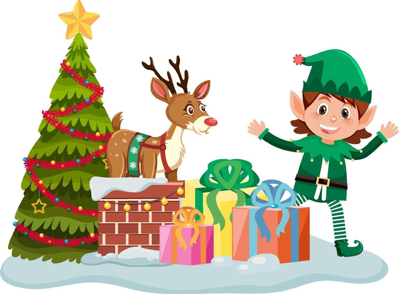 Christmas elf with many present boxes and Christmas tree vector