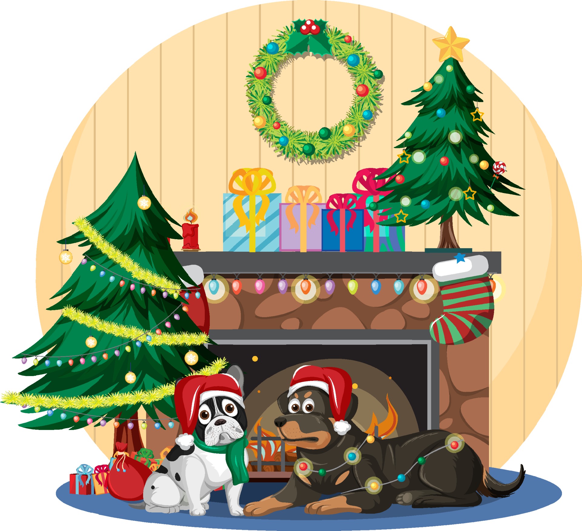 Fireplace with cute dogs and Christmas decorations 3408414 Vector Art