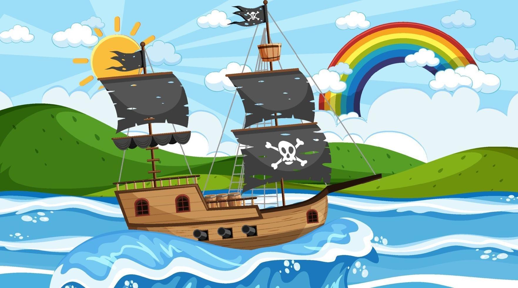 Ocean with Pirate ship at day time scene in cartoon style vector