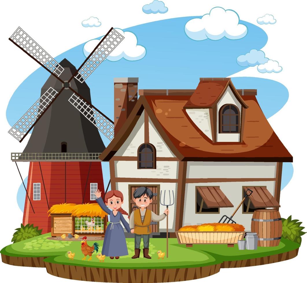 Medieval house with villagers and farm animals vector