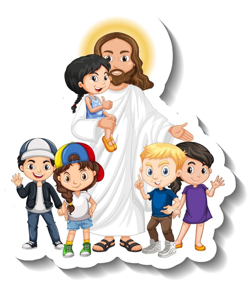 Jesus Christ with children group sticker on white background vector