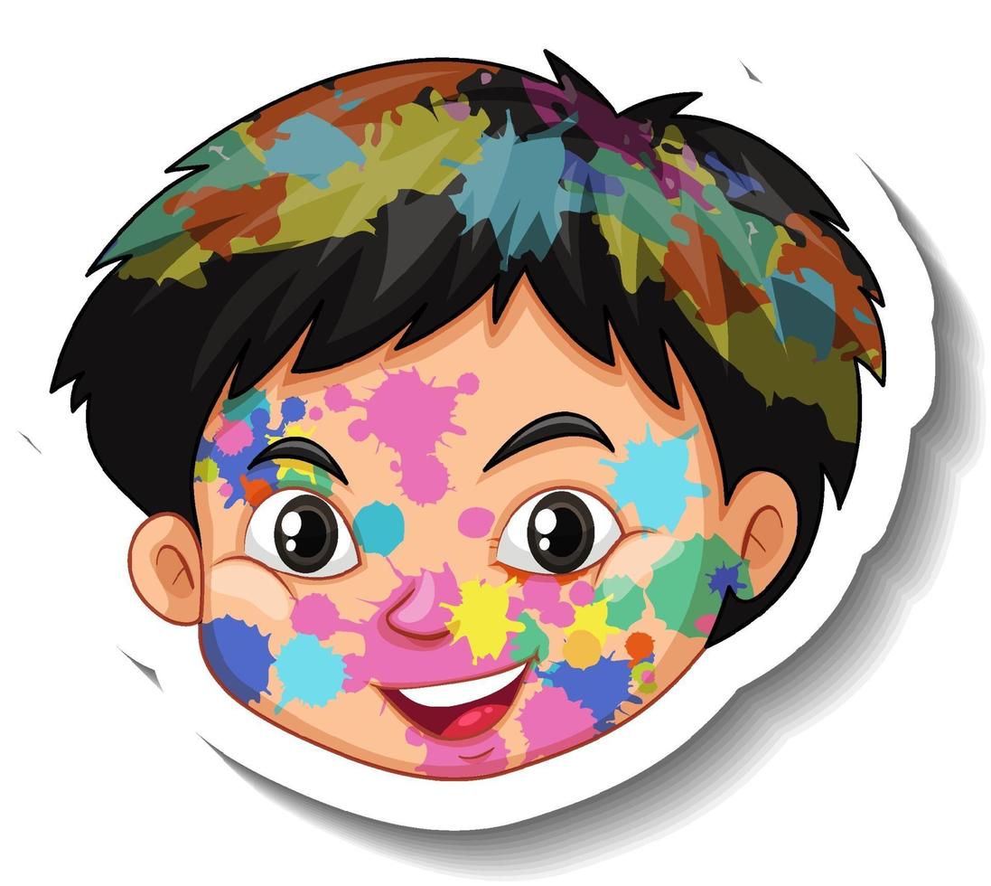 Cara de niño feliz con color en su cara pegatina sobre fondo blanco. vector