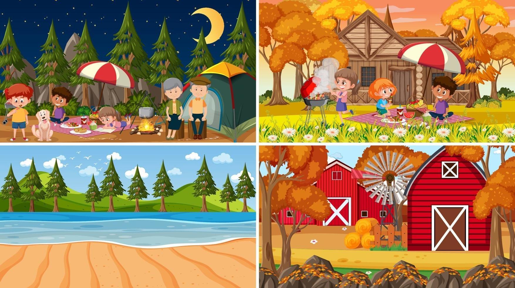 Set of different nature scenes background with people vector