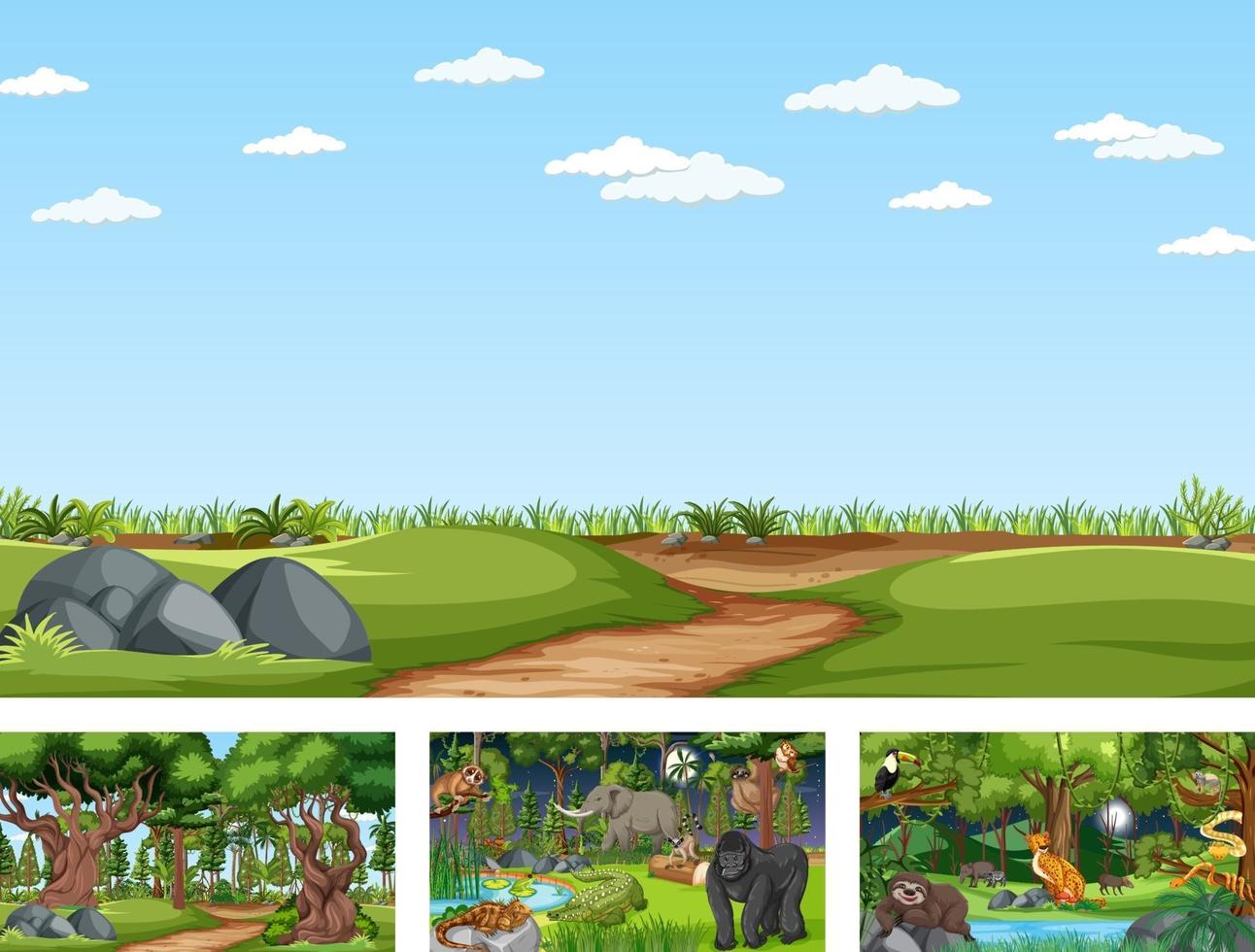 Different nature scenes of forest and rainforest with wild animals vector
