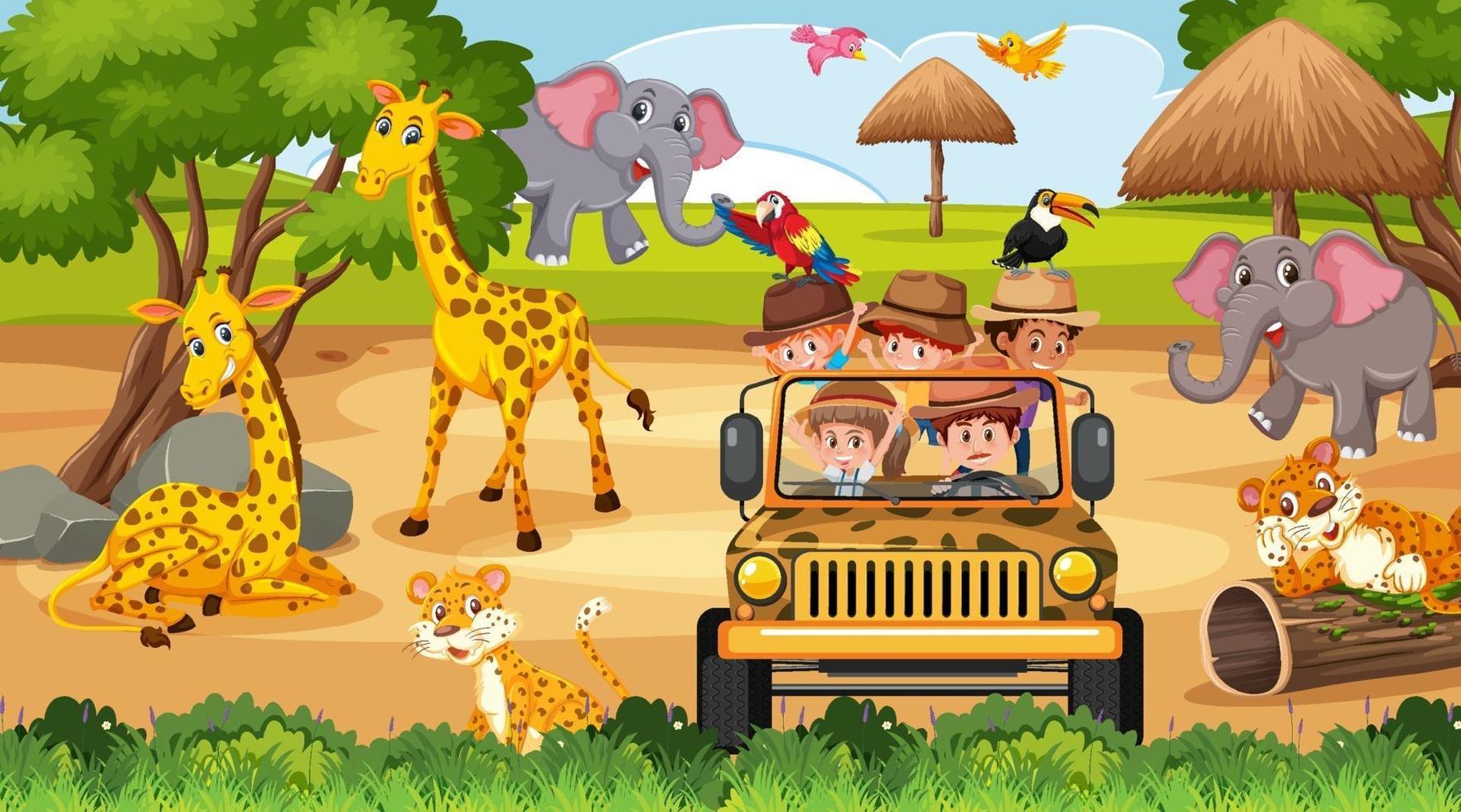 Safari scene at daytime with children tourist on the car vector