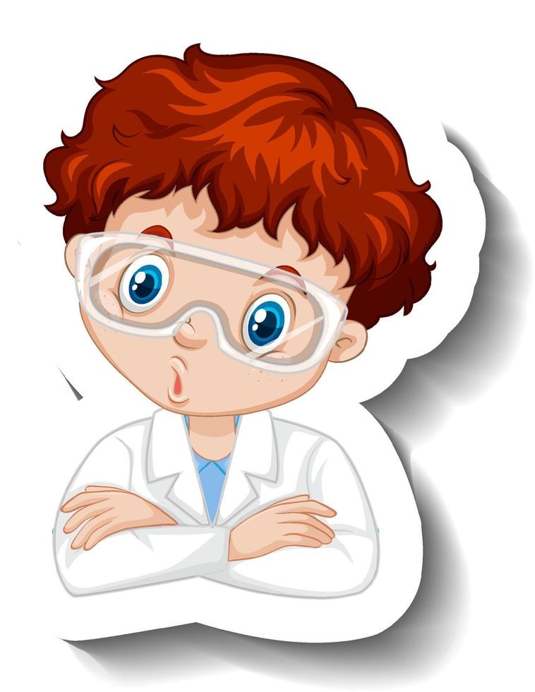 retrato de un niño con bata de ciencia pegatina de personaje de dibujos animados vector