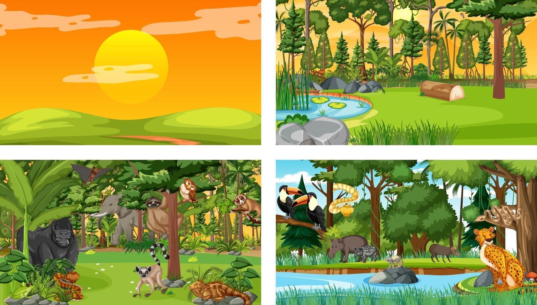 Conjunto de escena horizontal de bosque diferente con varios animales salvajes vector