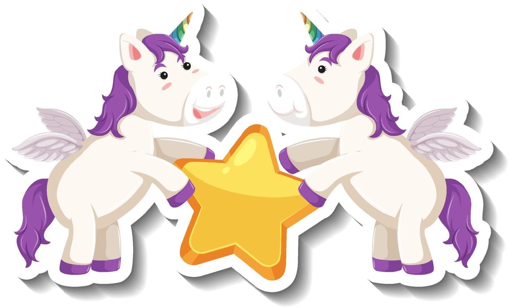 Two cute unicorns holding star together cartoon sticker vector