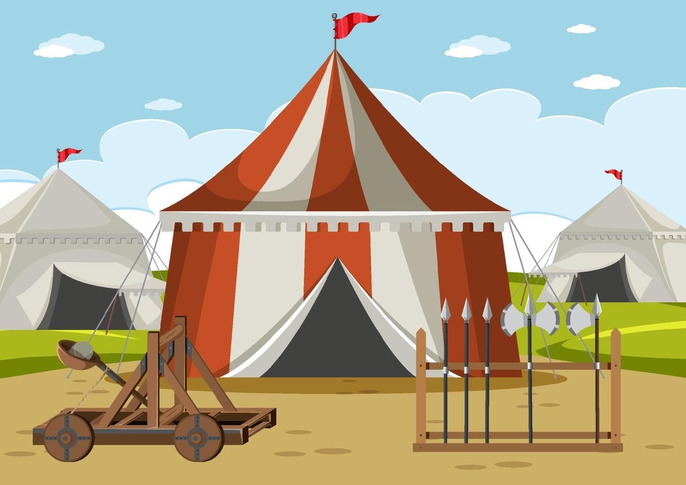 Military medieval camp with tents and weapons vector