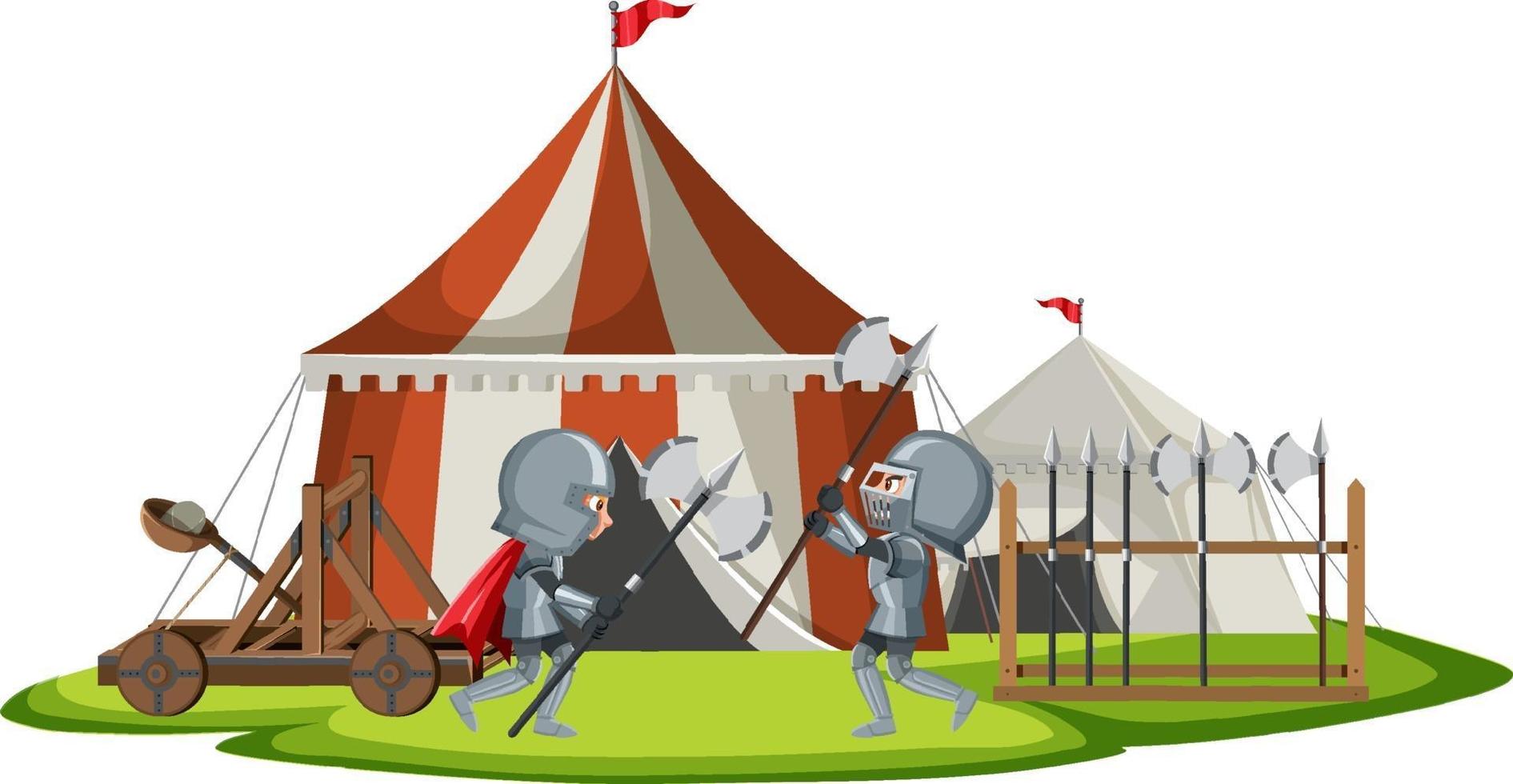 campamento medieval militar con dos guerreros luchando vector