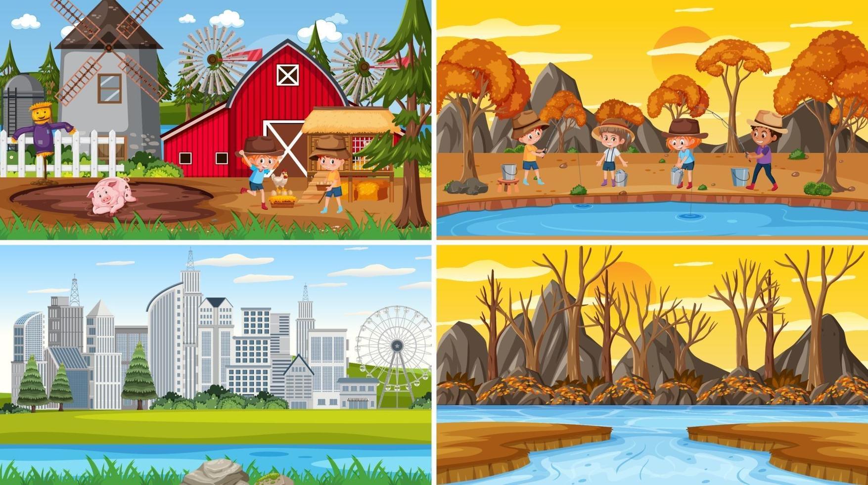 Set of different nature scenes cartoon style vector