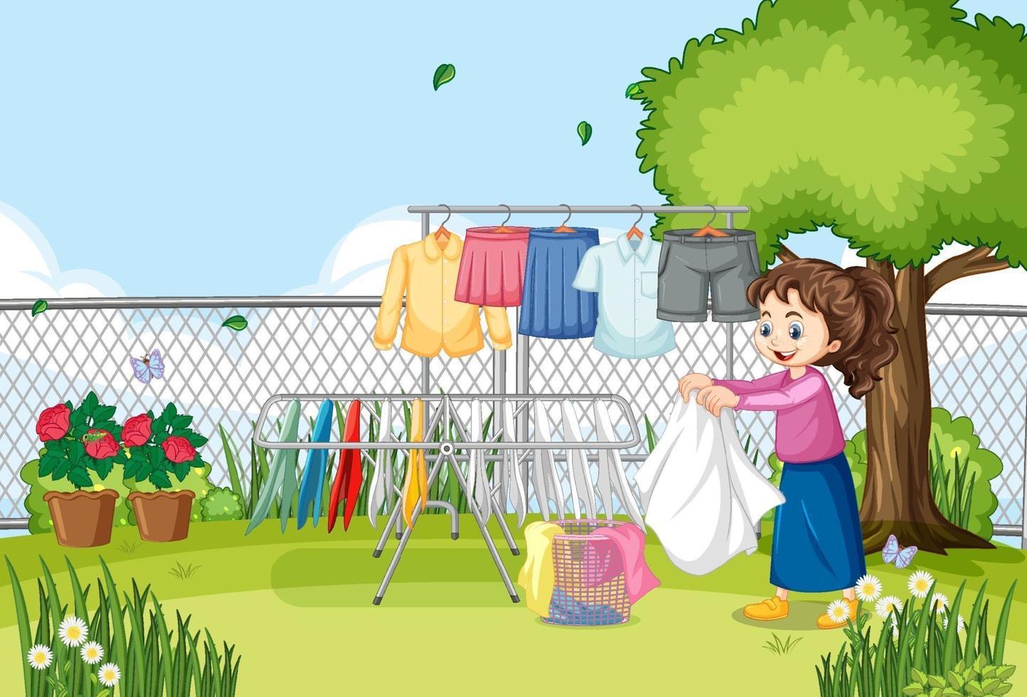 Outdoor scene with a girl hanging clothes on clotheslines vector