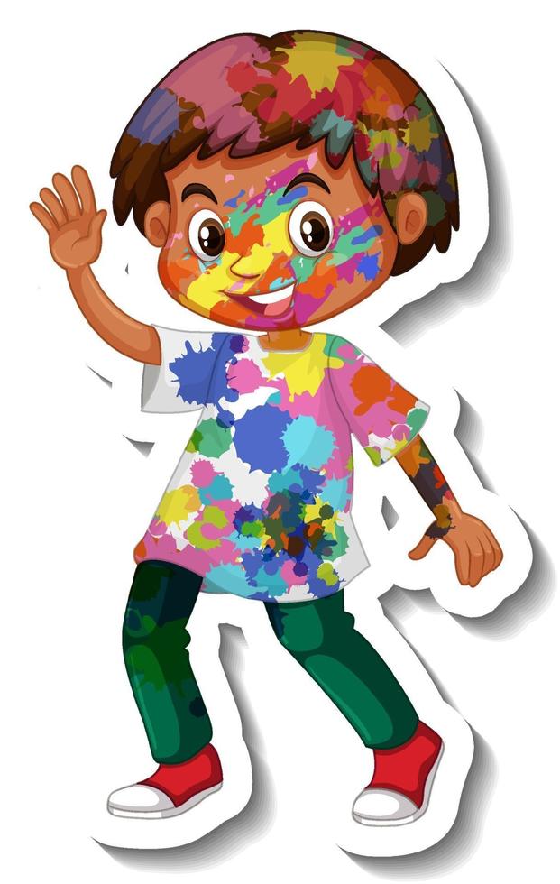 Niño feliz con color en la etiqueta de su cuerpo sobre fondo blanco. vector