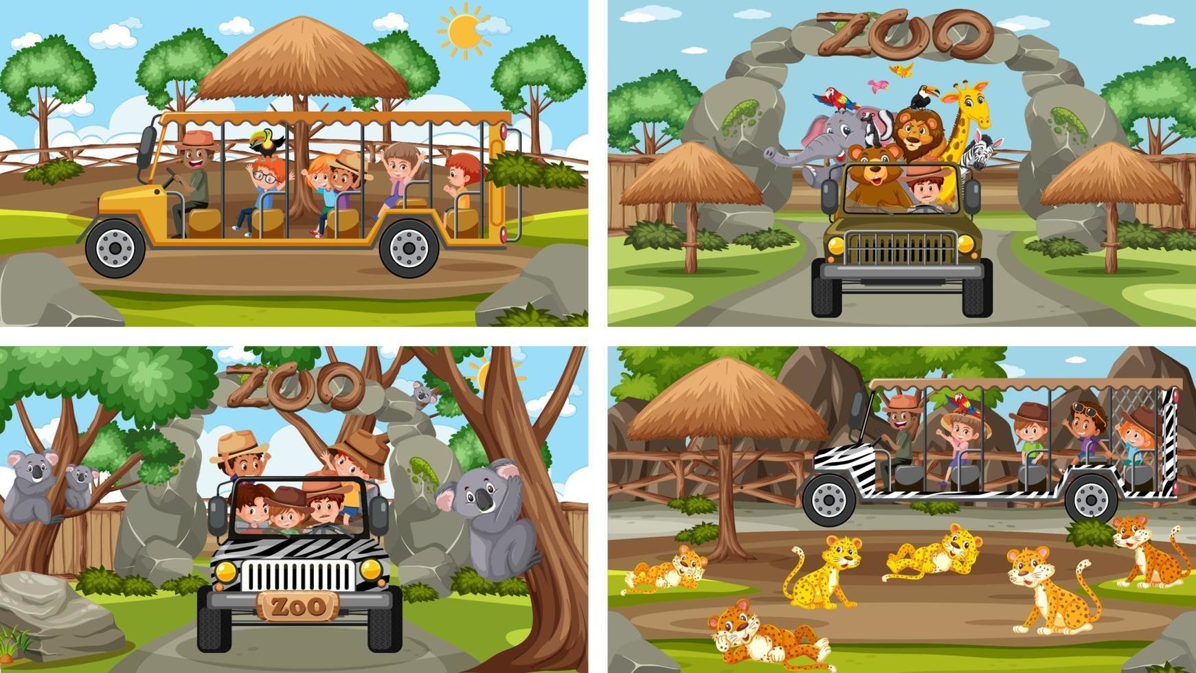 Cuatro escenas de zoológico diferentes con niños y animales. vector