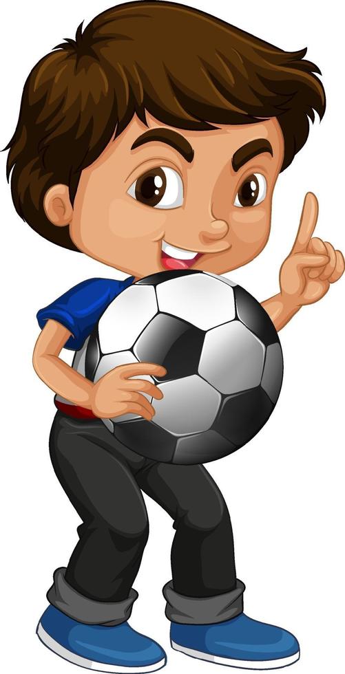 Cute youngboy cartoon character holding football vector