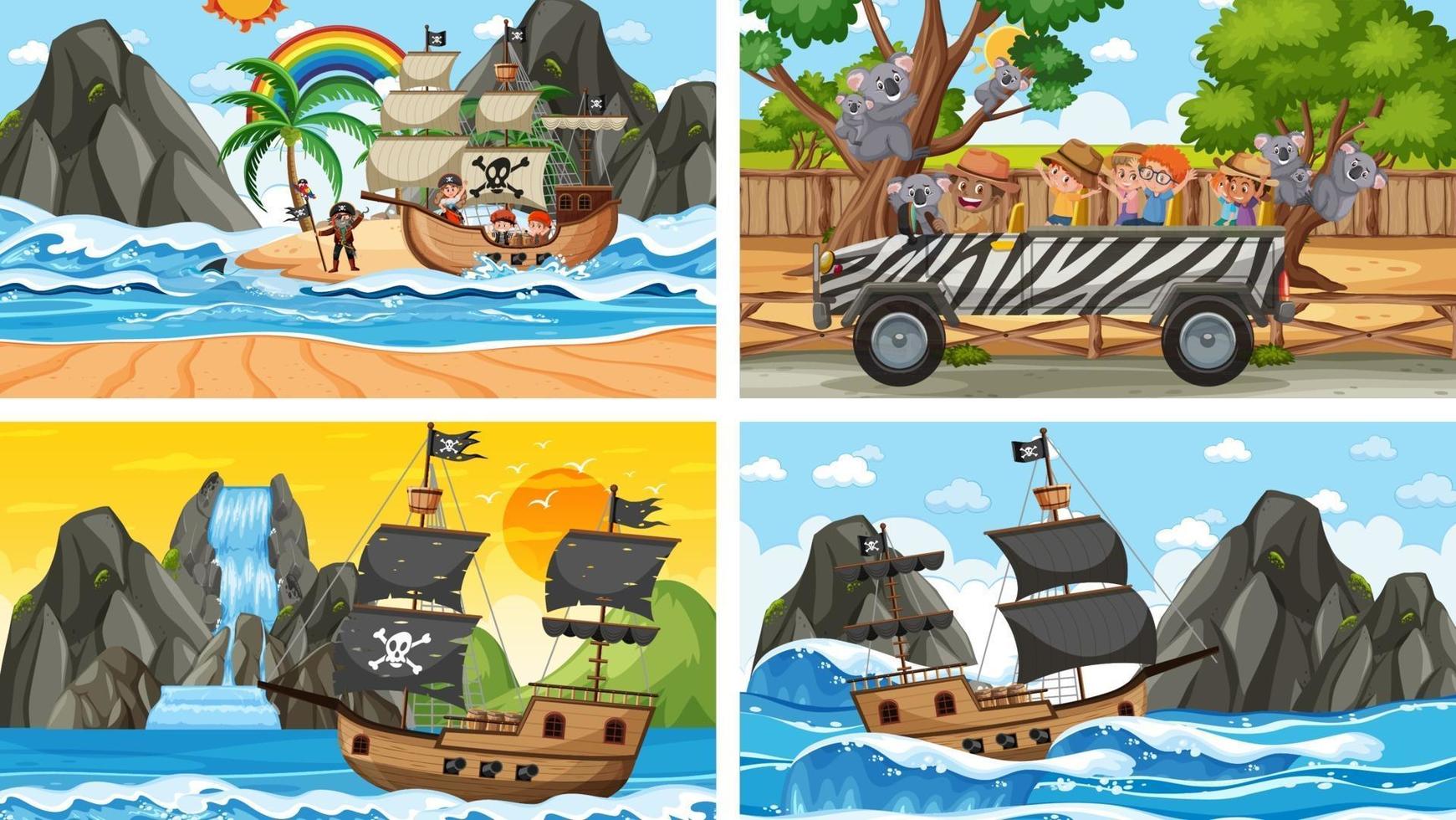 Different scenes with animals in the zoo and pirate ship at the sea vector