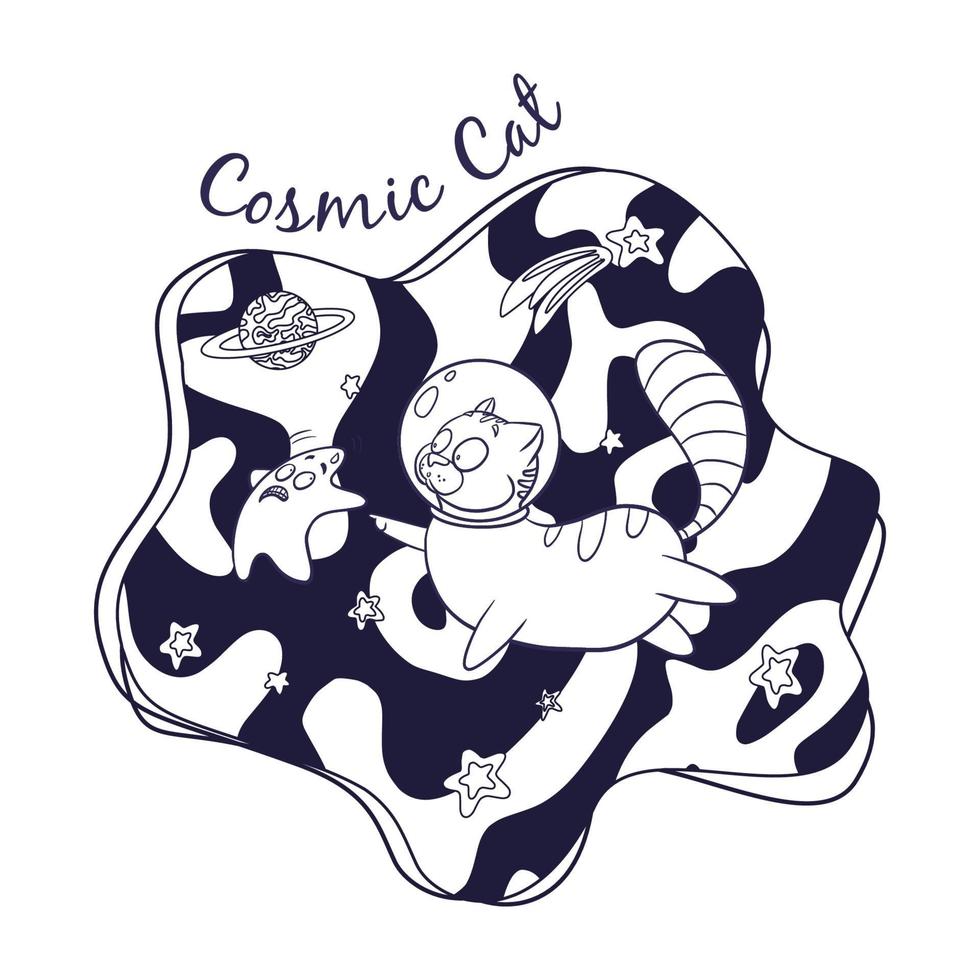 Cat Cosmonaut and Star in Space Coloring Page vector