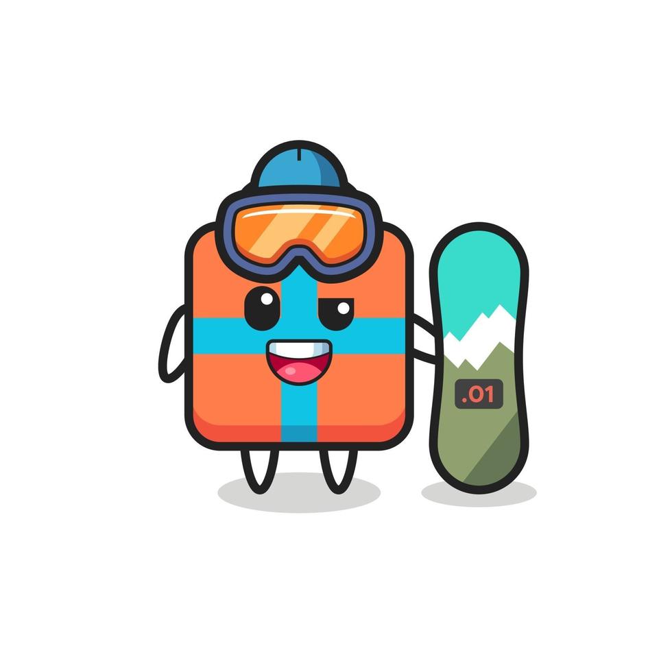 Ilustración de personaje de caja de regalo con estilo de snowboard vector