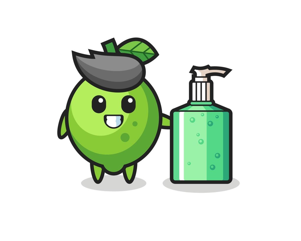 cute lime cartoon with hand sanitizer vector