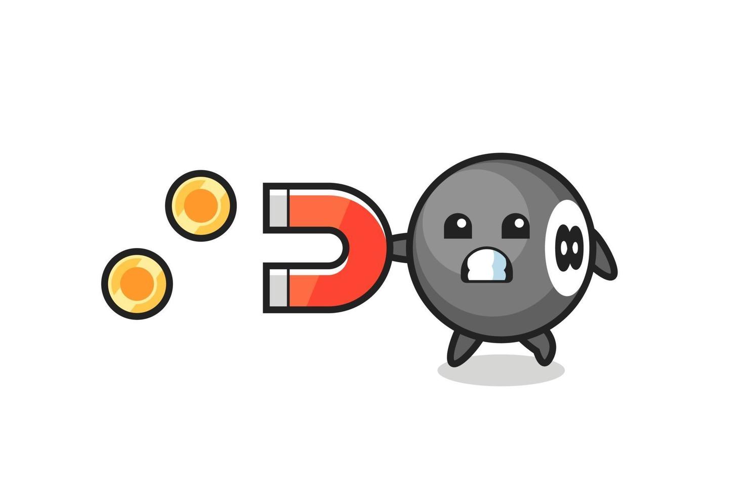 the character of 8 ball billiard hold a magnet to catch the gold coins vector