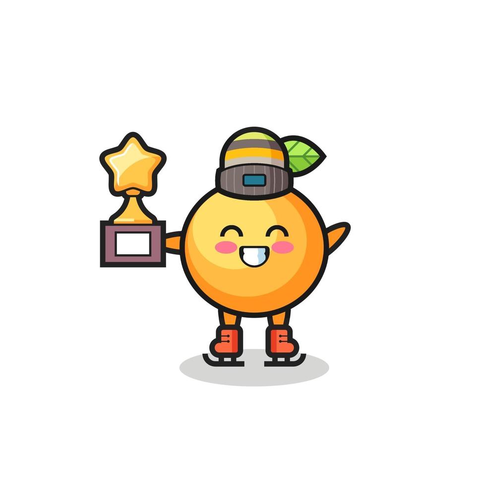 orange fruit cartoon as an ice skating player hold winner trophy vector