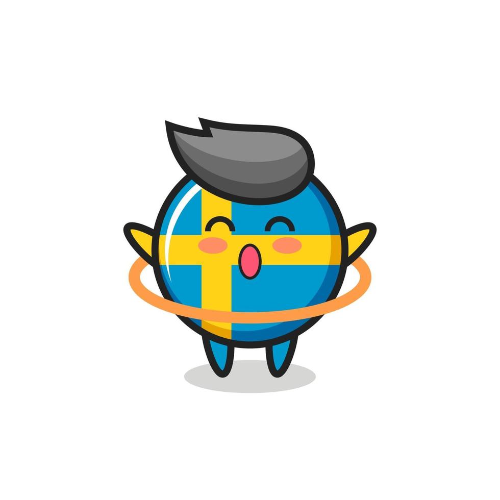 la linda caricatura de la insignia de la bandera de suecia está jugando hula hoop vector