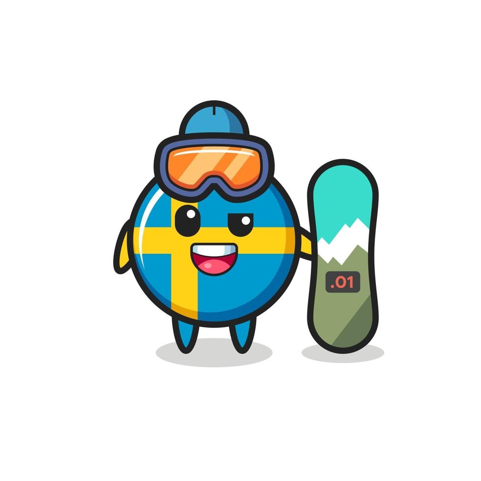 Illustration of sweden flag badge character with snowboarding style vector