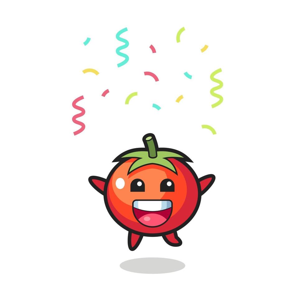 Mascota de tomates felices saltando de felicitación con confeti de colores vector