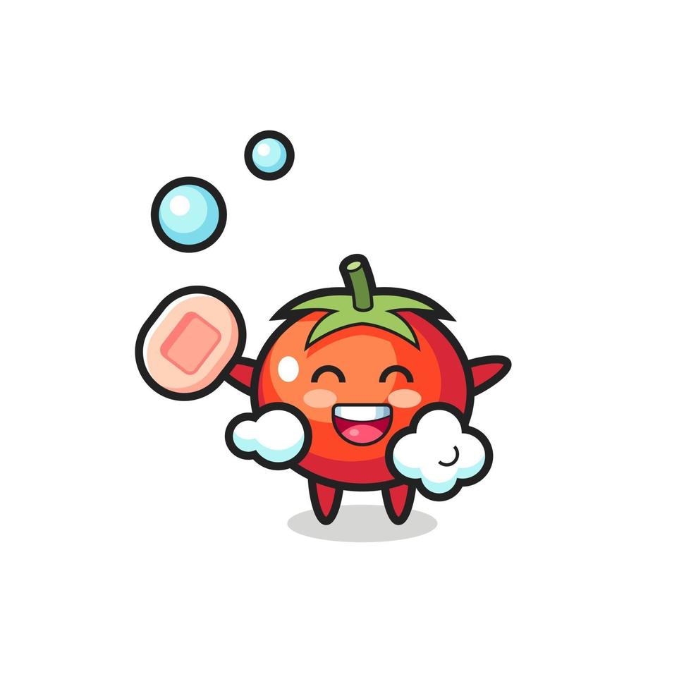 tomatoes character is bathing while holding soap vector