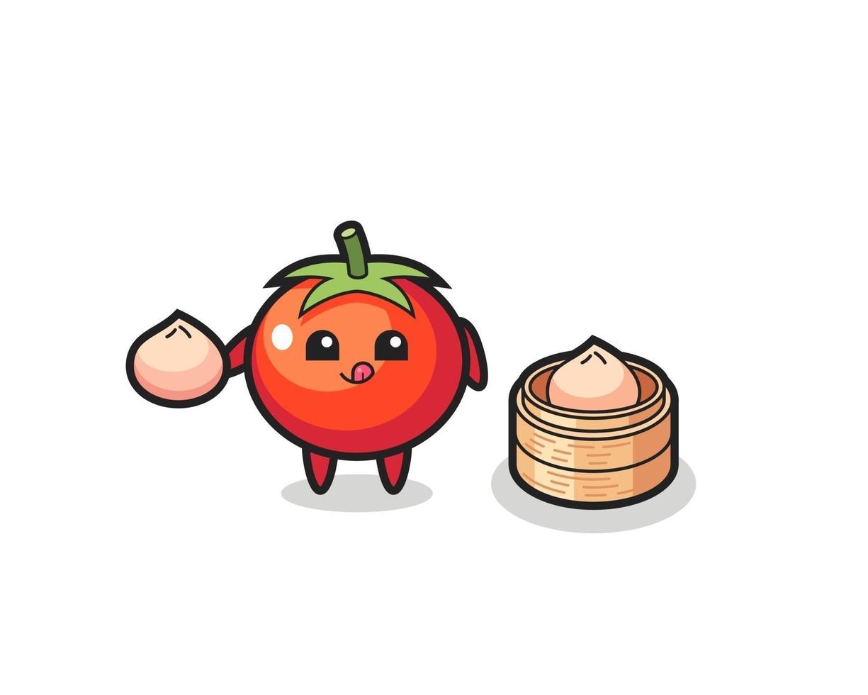 lindo personaje de tomates comiendo bollos al vapor vector