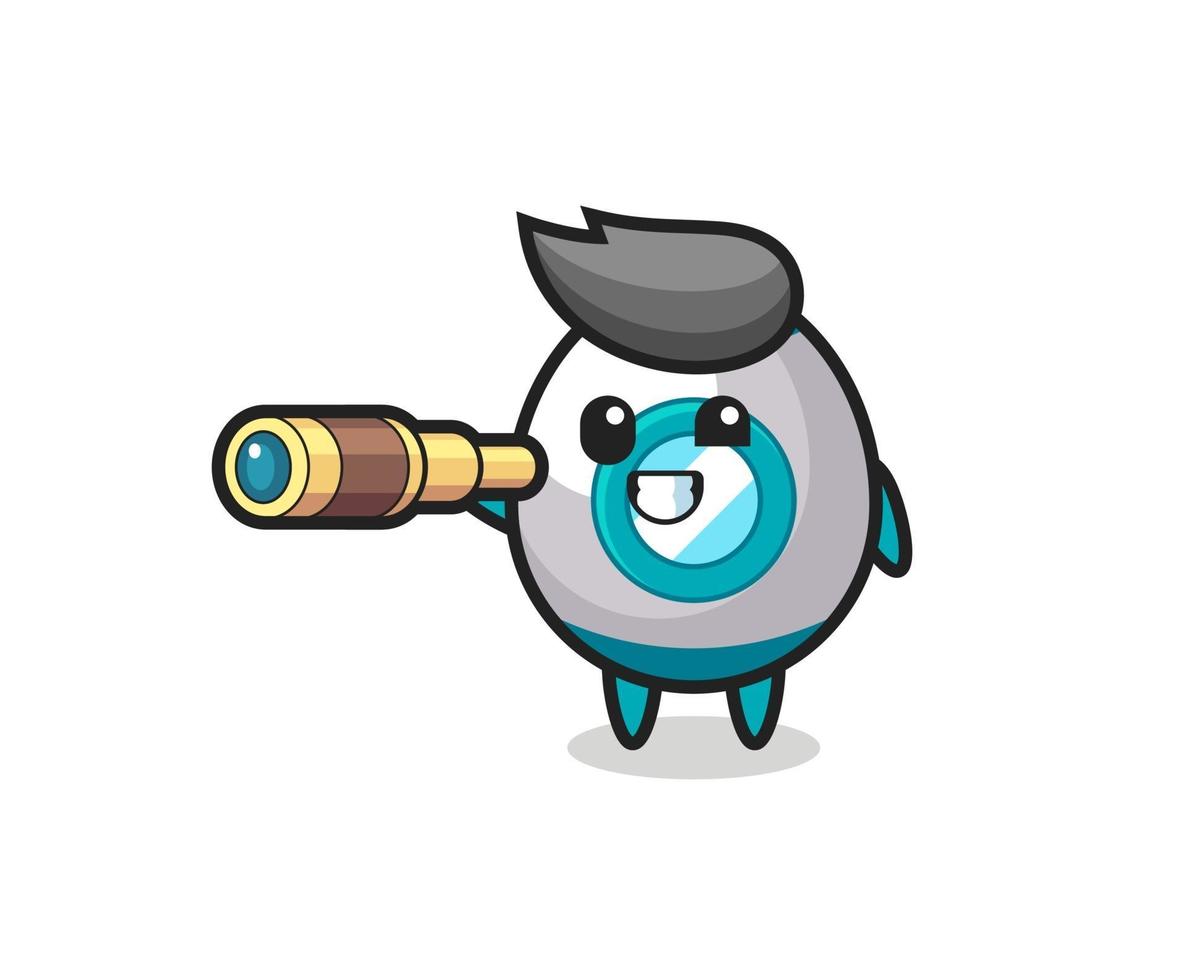 cute rocket character is holding an old telescope vector