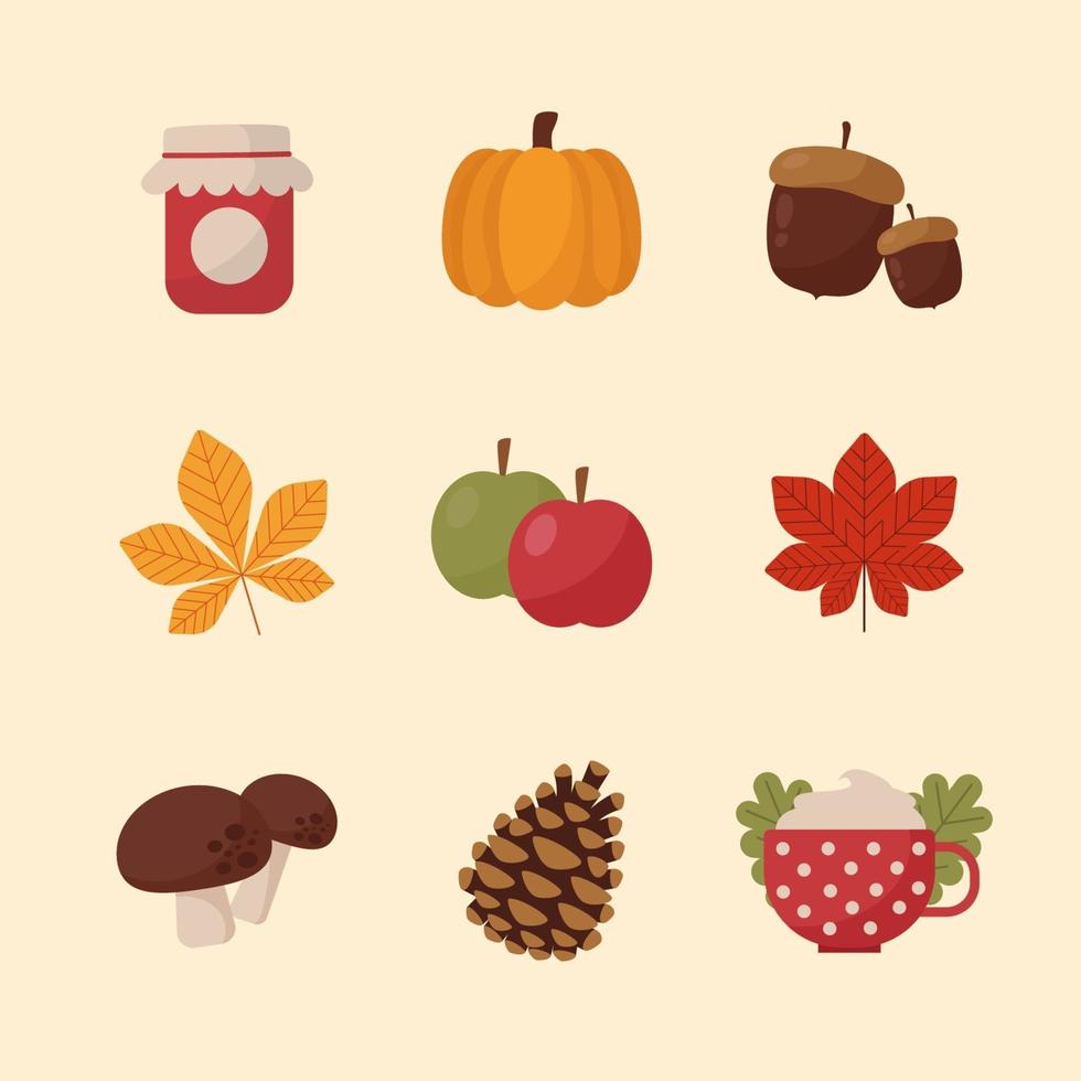 Set of Cute Autumn Icon with Autumn Color Scheme vector