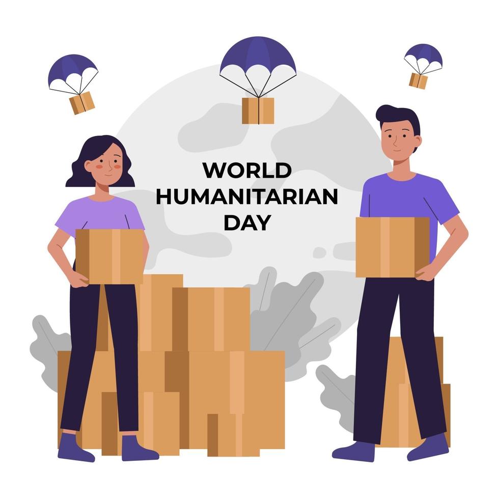 Volunteers Carry Box in Humanitarian Day vector