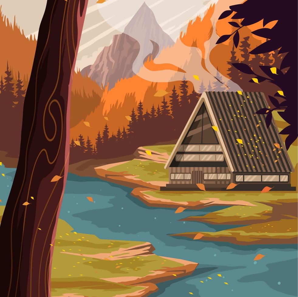 Warm Cabin Mountain in Autumn vector