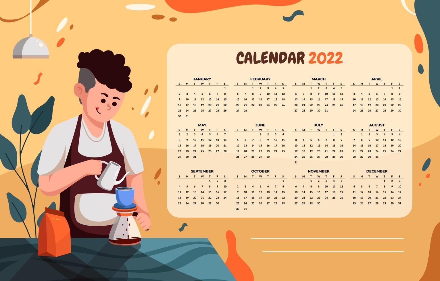 Calendar 2022 Template with Barista Cafe vector