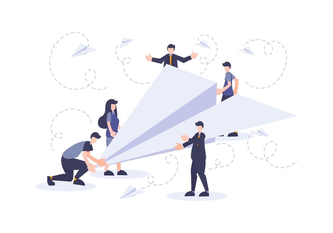 Startup business flat illustration with people and paper airplane vector