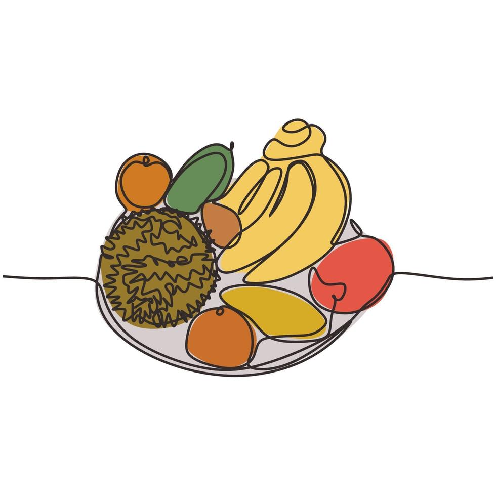 Fruits in a plate one continuous line art drawing food theme vector