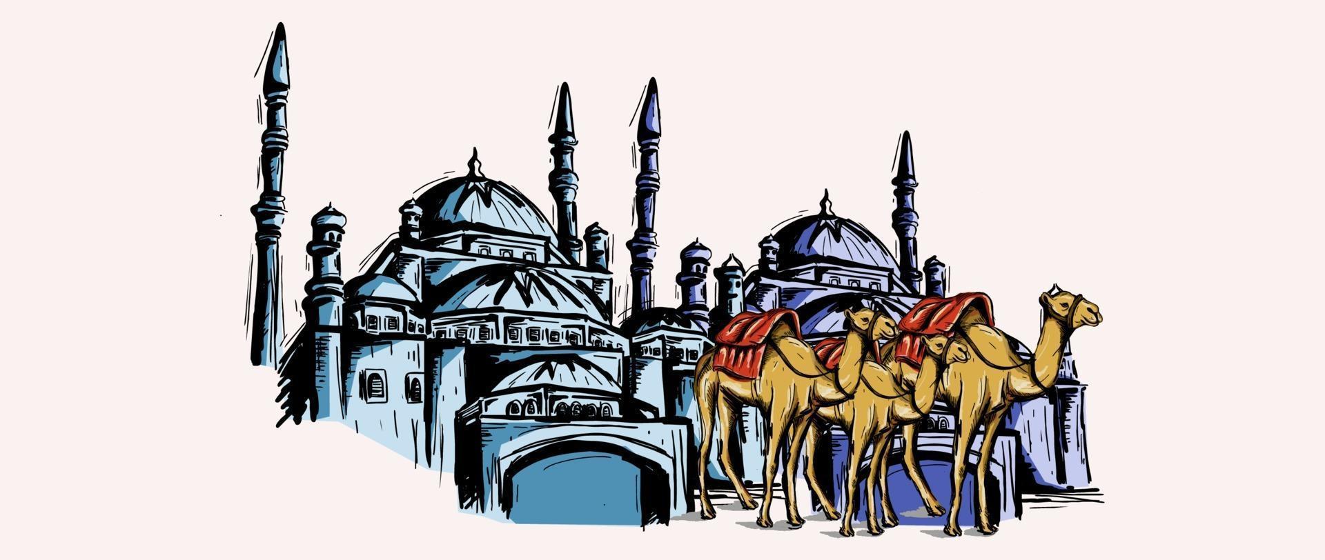 Mosque and camel sketch drawing with watercolor vintage hand drawn. vector