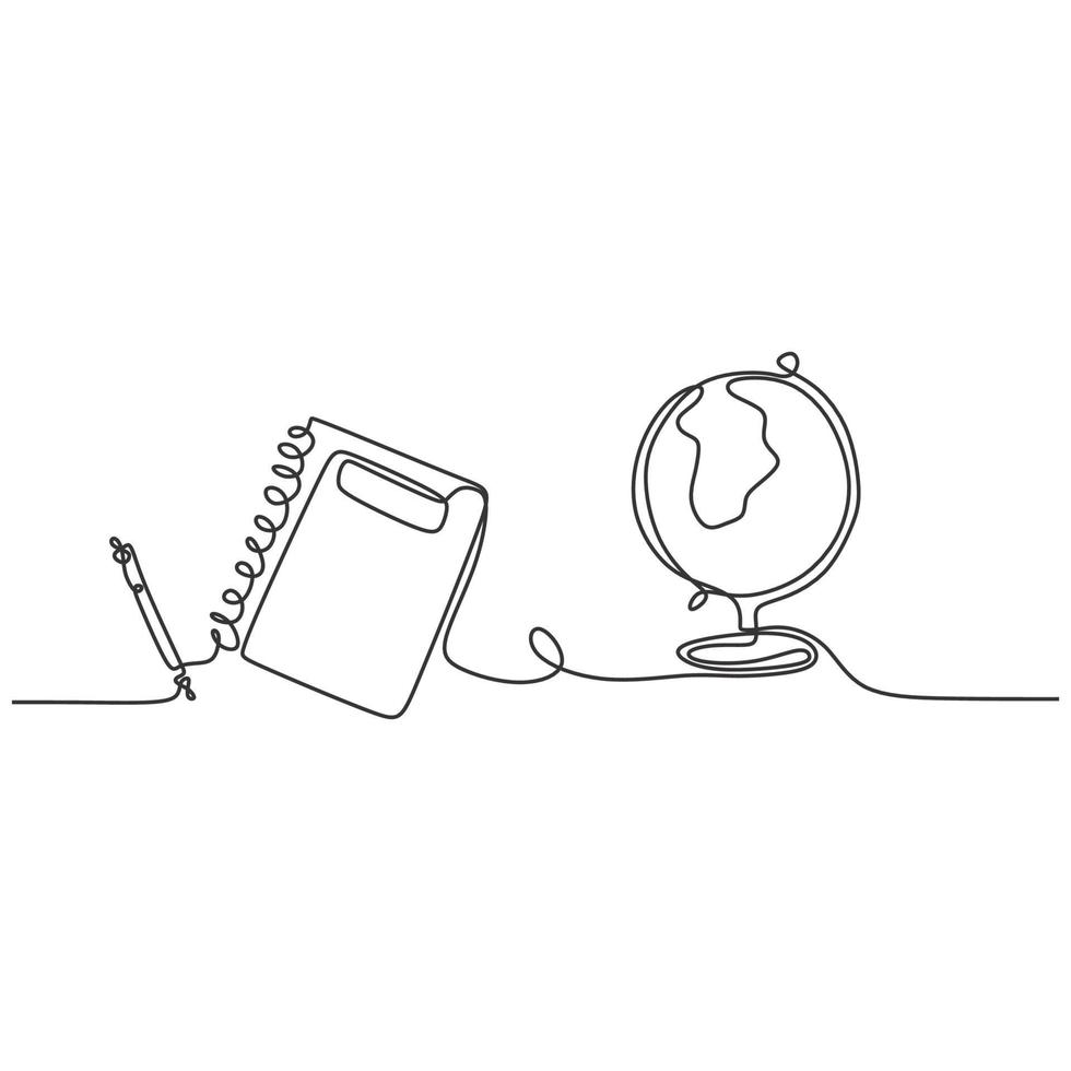Continuous one line drawing of pen, book, and globe. vector
